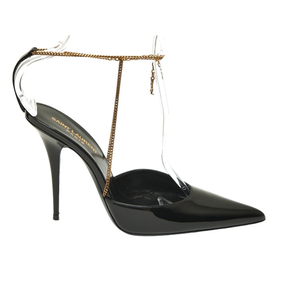 SAINT LAURENT Black Patent Leather Pump CLAW CHAIN YSL Logo Heel Gold Ankle 38.5 - Picture 2 of 10